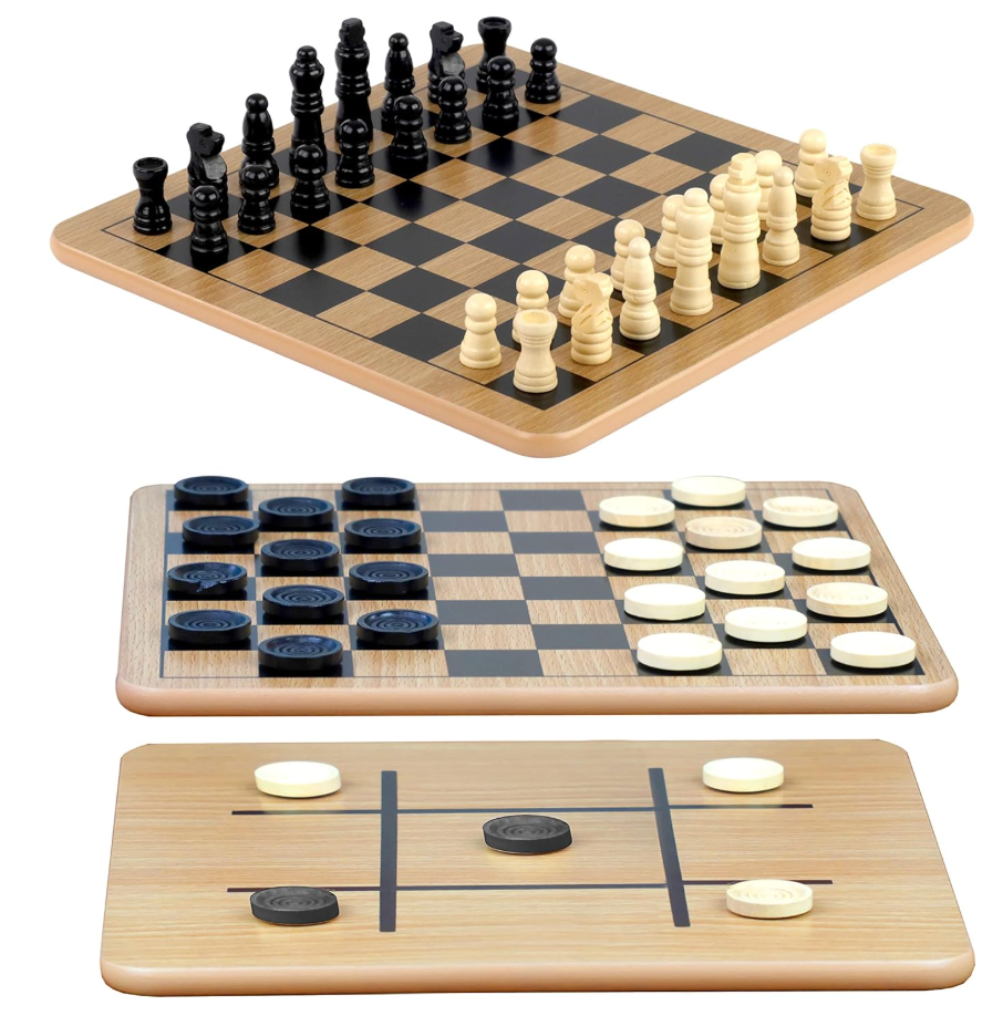 Regal Games  Reversible Wooden Board for Chess, Checkers & TicTacToe  24 Interlocking Wooden Checkers and 32 Standard Chess Pieces  for Age 8 to Adult for Family Fun
