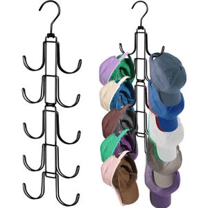 Hat Organizer for Closet, Collapsible Caps Rack with 10 Rotatable Large Hooks, Holds Up to 40 Baseball Caps, Metal Space Saving Hat Hanger for Display, Storage and Closet Organizers, Black