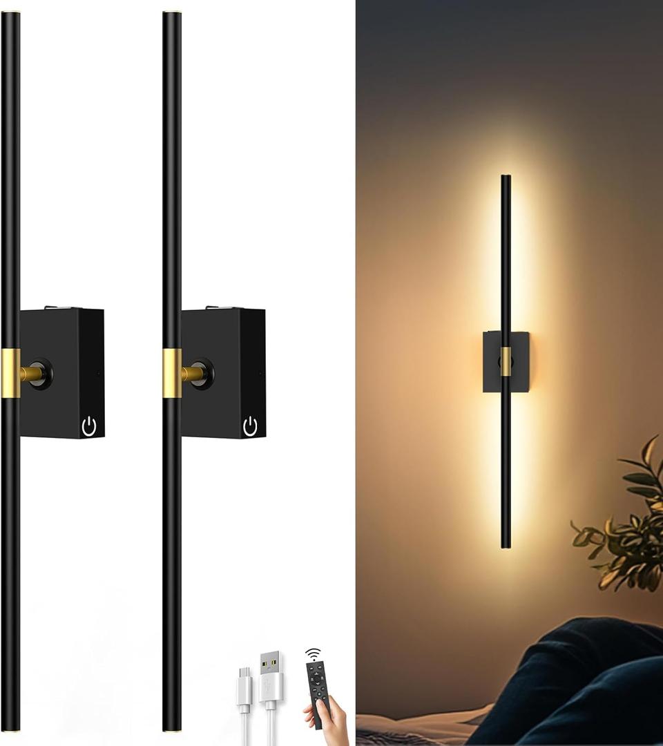iThird Battery Operated Wall Sconces Set of 2: 10000mAh Rechargeable Wall Lights with Remote Control, 360 Rotate Wireless Wall Scone Decor for TV/Mirror Bedroom Living Room, 31.5 Inch, Black
