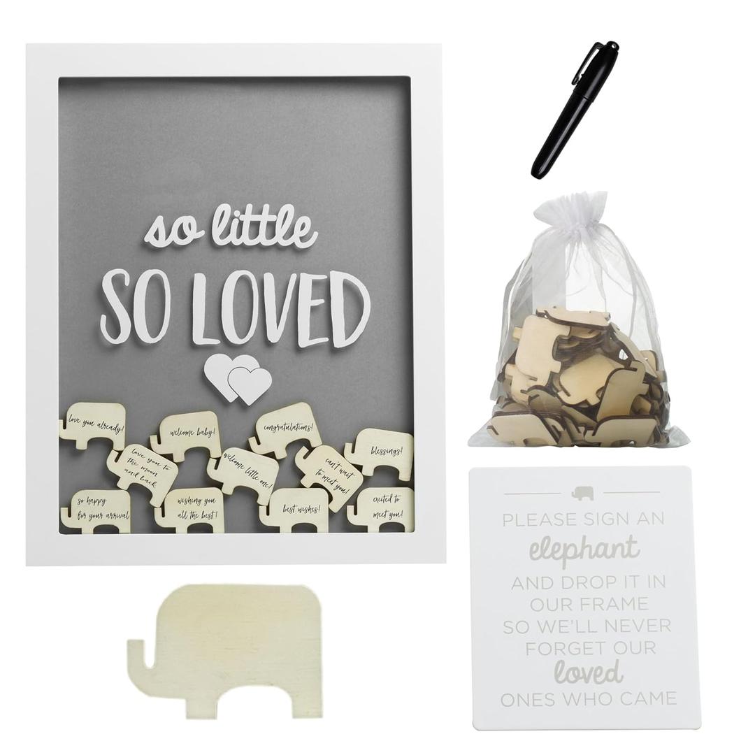 Pearhead So Little So Loved Wooden Elephant Token Frame, Little Wishes Signature Baby Shower Guestbook Alternative, Gender-Neutral Pregnancy Keepsake With 65 Signature Tokens and Pen, Gray and White