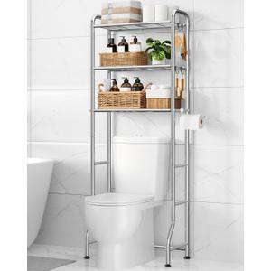 Kitsure Over Toilet Storage Rack - Metal Over Toilet Bathroom Organizer Shelf, Over The Toilet Storage Cabinet with Paper Holder and Hooks, Bathroom Cabinet for Laundry, Silver, 3 Tiers (63.2" H)
