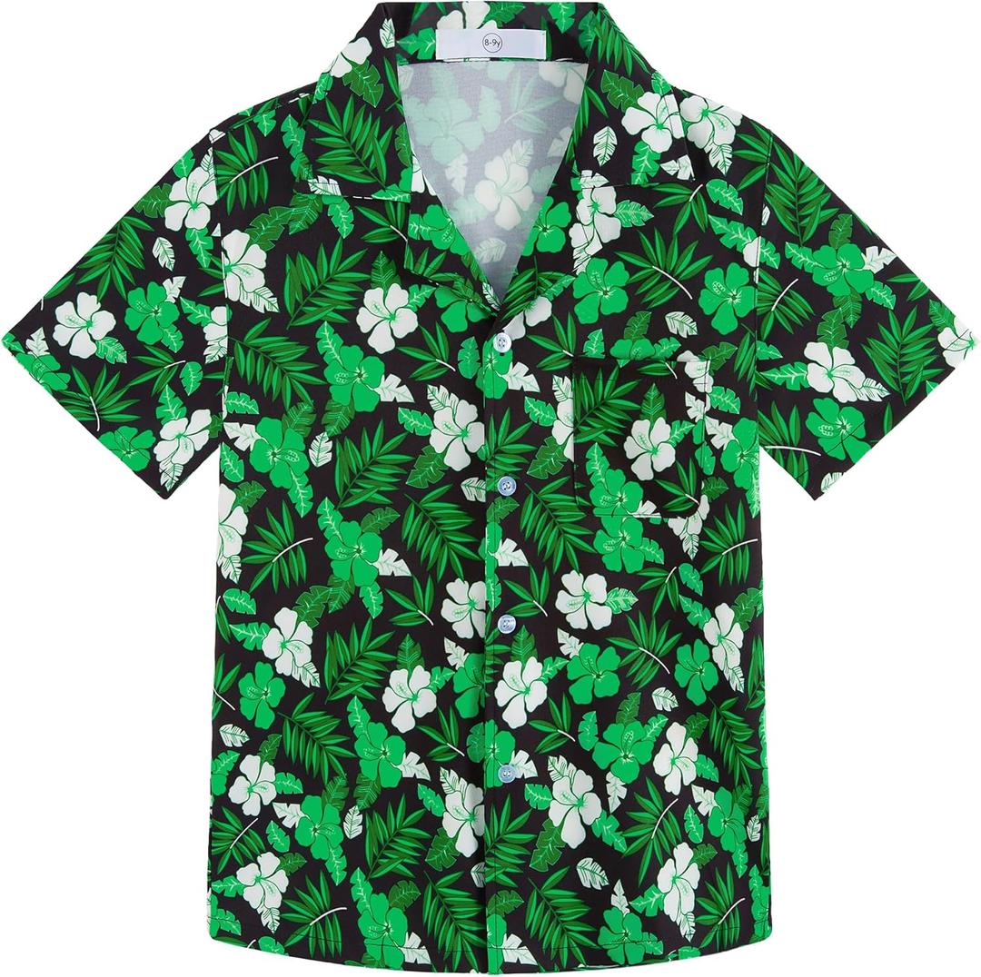 APTRO Boy's Hawaiian Shirt Tropical Beach Casual Summer Shirt with Pocket Short Sleeve 4-15 Years (10-11 Years, #Kf01 Dark Green Floral)