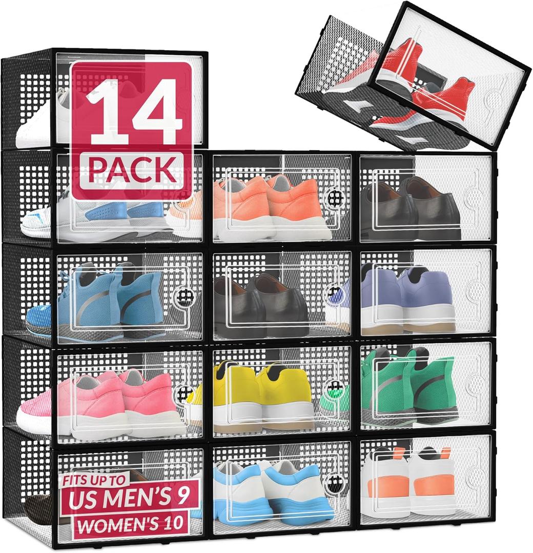 Reli. Shoe Boxes (14 Pack) | Clear Shoe Storage Boxes Stackable and Compact | Lightweight Plastic Storage Box with Ventilation Holes, Swing Door | Interlocking Containers, Stackable Rack | Black