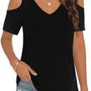 Elesomo Womens V Neck Cold Shoulder Tops Short/Long Sleeve Summer T Shirts Basic Tees, XL