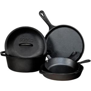 Lodge Cast Iron Set - Pre-Seasoned Kitchen Set - Skillets, Griddle & Dutch Oven Included - PFAS-Free Non-Toxic Cookware - 5-Piece Set