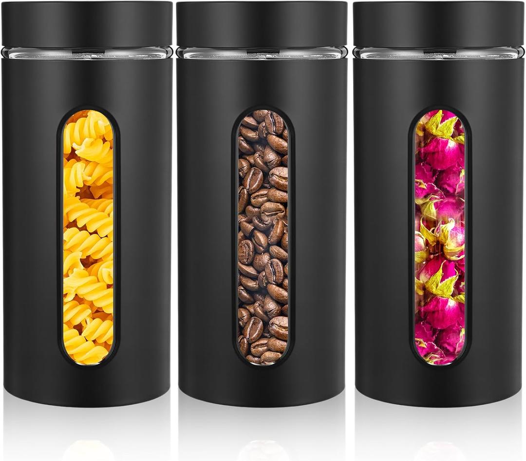 Mimorou 3 Pcs Stainless Steel Canister Set with Glass Windows Visible Storage Jars Silver Kitchen Canister Set for Pasta Flour Oat Sugar Container, Kitchen Tools, Housewarming Gifts(Black,44 oz)