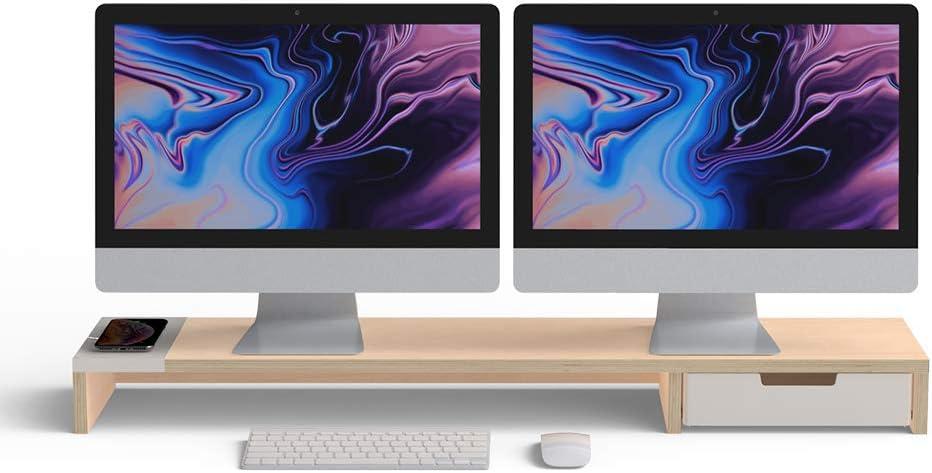POUT E9 Dual Monitor Stand with Drawer - Wireless Charger and USB Hub (Maple White)