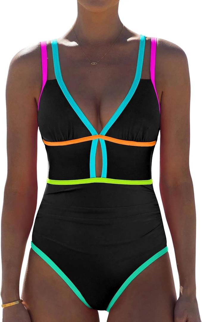 popvil Women One Piece Swimsuit 2025 Tummy Control Sexy Cutout Neon Color Block Bathing Suit Deep V Neck Adjustable Swimwear (Medium, Black1)