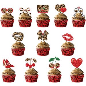 12Pcs Cheetah Print Cupcake Toppers, Birthday Cupcake Decorations with Cherry Animal Print Designs, Cake Toppers Decor for Girl Boy Party Supplies