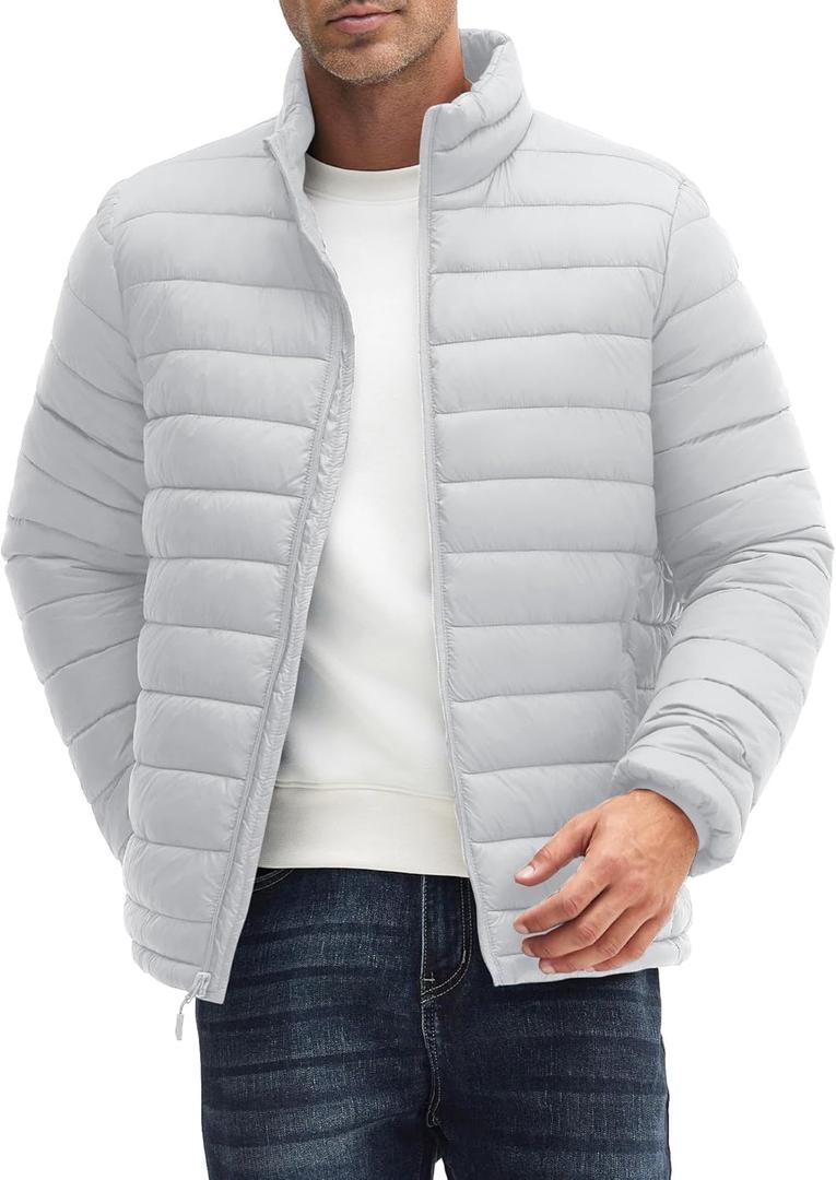 WHN Men Puffer Jacket Coat Lightweight Winter Waterproof Windproof Stand Collar Full Zipper Coats with 3 Pockets (Gray, XXL)
