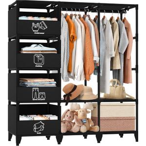 Jofuler Portable Closet, Easy Assembly, Large Capacity Wardrobe Closet, Sturdy and Stable Clothes Rack with Shelves 4 Storage Baskets and 2 Hanging Rods, for Bedroom and Cloakroom Black (50 Inch)