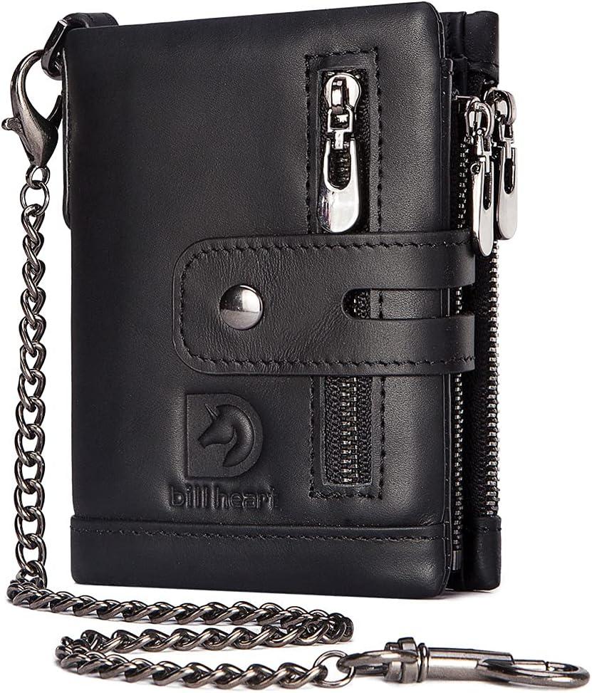 Mens Wallet with Chain Genuine Leather Purse RFID Blocking Bifold Double Zipper Coin Pocket with Anti-Theft Chain (Black)