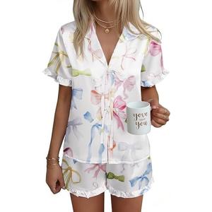 Ekouaer Satin Pajama for Women Short Sleeve Silky Pj Short Set Bow Front Tie Up Loungewear Sleepwear,Small