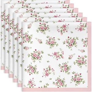 Pink Floral Rose Print Cloth Napkins 100% Cotton, 18" X 18" Dinner Napkins Cloth Set, Washable Napkins for Home, Kitchen, Dinner, Party, Wedding, Cocktail, Set of 6