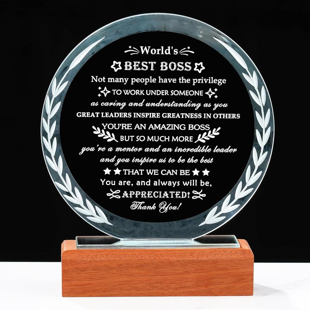 YWHL Boss Gifts for Men Women, Crystal Keepsake Plaque World's Best Boss Gifts, Thank You Farewell Gift for Female Leader Supervisor, Boss's Day Retirement Gift for Bosses Home Office Decoration