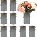 8 Pcs Large Farmhouse Vase with Twine Bow, 6x3.6 in Vintage Flower Vase Decor, Galvanized Metal Flower Vases Rustic Vase for Table Centerpiece Weddings Home Decoration (Gray)
