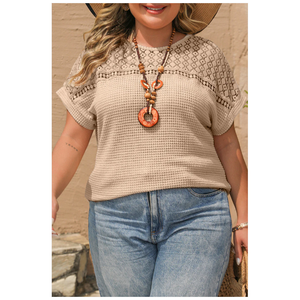 Oatmeal Lace Patchwork Waffle Short Sleeve Plus Size Top Size M