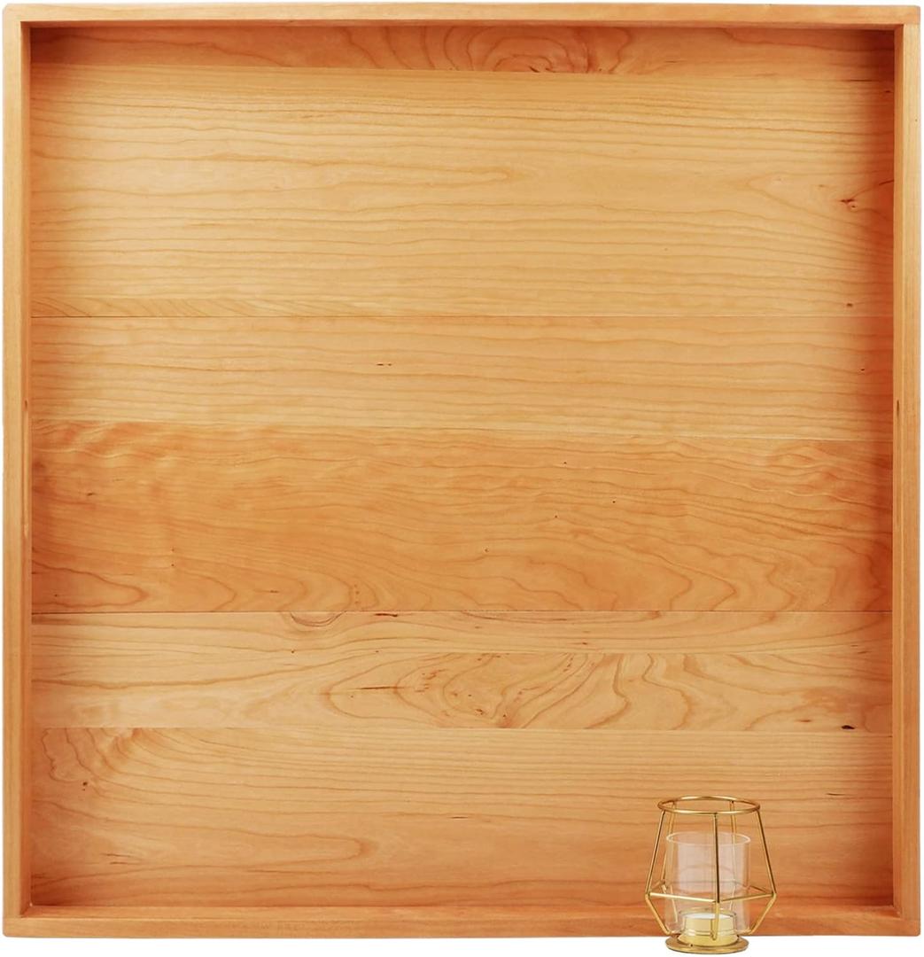 26 x 26 Inches Extra Large Square Cherry Wood Ottoman Tray with Handles, Serve Tea, Coffee, Classic Wooden Decorative Serving Tray