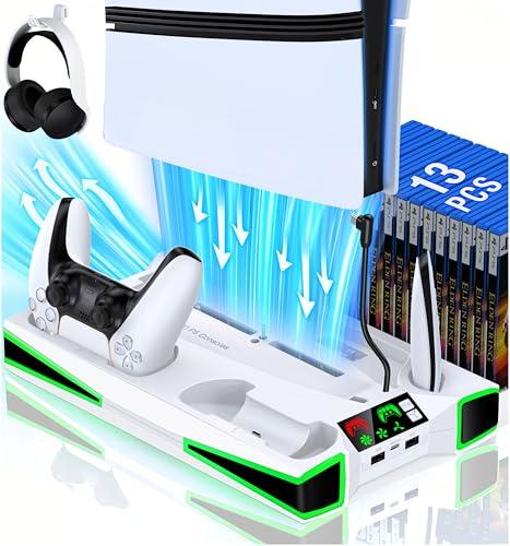 Cooling Station for PS5 / PS5 Slim Console, 3-Level Fan & RGB LED for PS5/ 2023 PS5 Slim Cooling Stand, with Controller Charger for PlayStation 5, Headset Holder, 3 Charging Ports, Accessories for PS5
