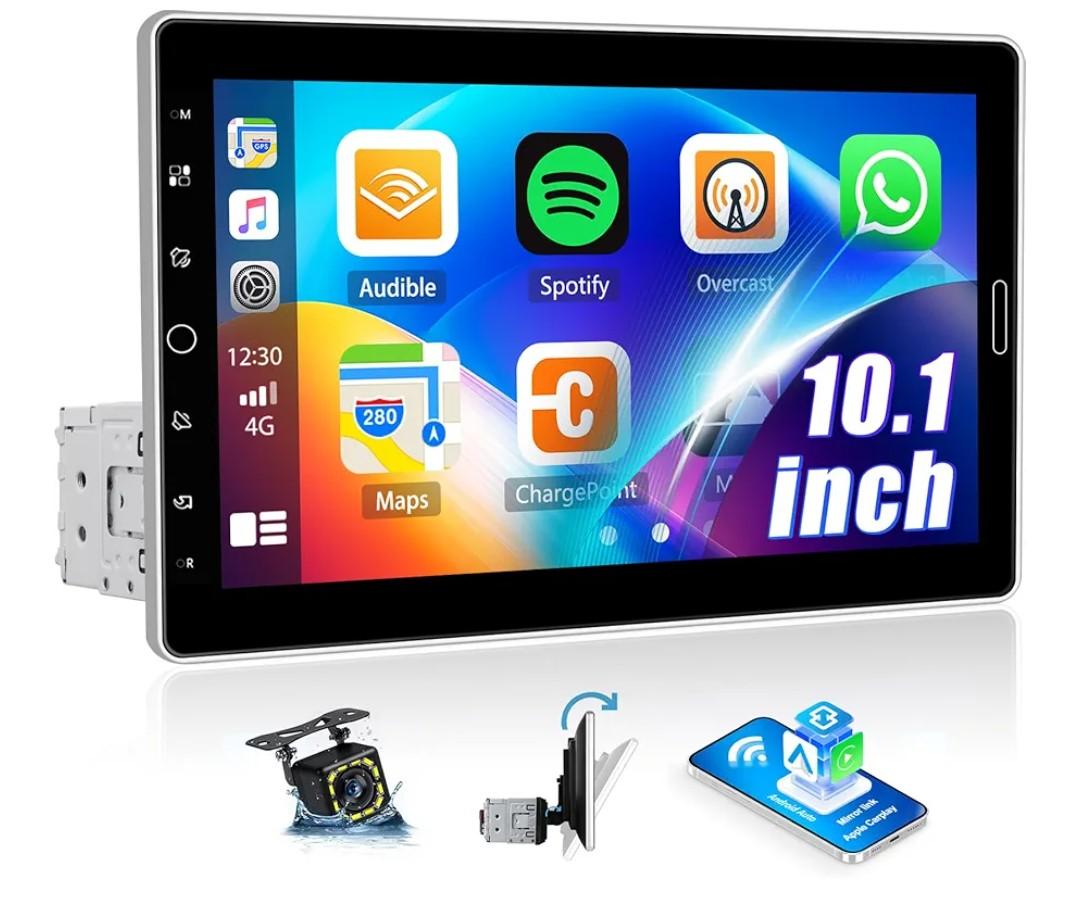 10.1 inch Single Din Car Stereo with Wireless CarPlay Android Auto, Manually Rotated Touch Screen Car Radio with Bluetooth, Online Video Playback, FM RDS EQ USB SWC Car Audio Receiver Backup Camera