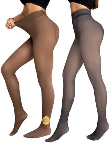 CHICME BEST SHOPPING DEALS Chic Me 2-Pack Extra Plus Size High Waist Fleece Lined Tights Translucent Thermal Pantyhose Leggings Gray+Brown, One Size