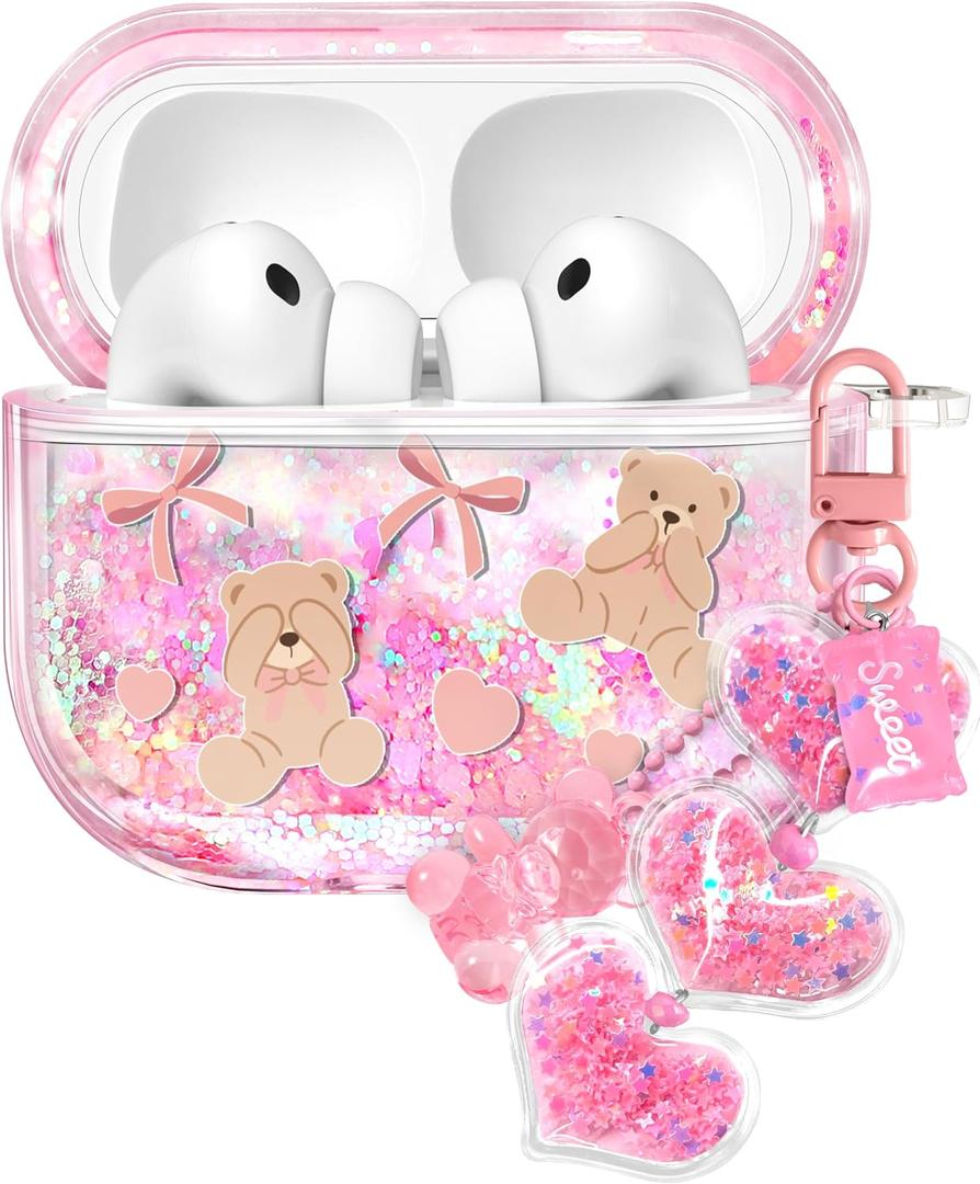 Joyleop for Airpods Pro 3 Case - Cute Girly Quicksand Liquid for Women Girl Pretty Aesthetic Shiny Bling Stylish Bear Bow Design Protective Case for Airpods Pro 3rd Generation 2025 Cover with Keychian