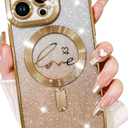 Fiyart Designed for iPhone 12 Pro Max Case,Compatible with MagSafe Love Heart Plating Camera Protection TPU Magnetic Glitter for Women Girls Shockproof Phone Bumper 6.7"-Gold