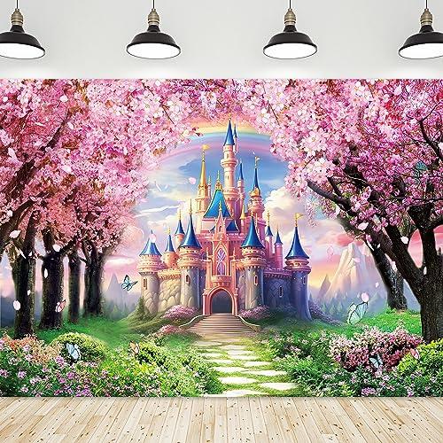 Riyidecor Princess Castle Backdrop Rainbow Pink Sakura Flowers Floral Fantasy Fairy Tale Wonderland 7Wx5H Feet Photography Background Birthday Wedding Party Photo Studio Shoot Polyester Fabric