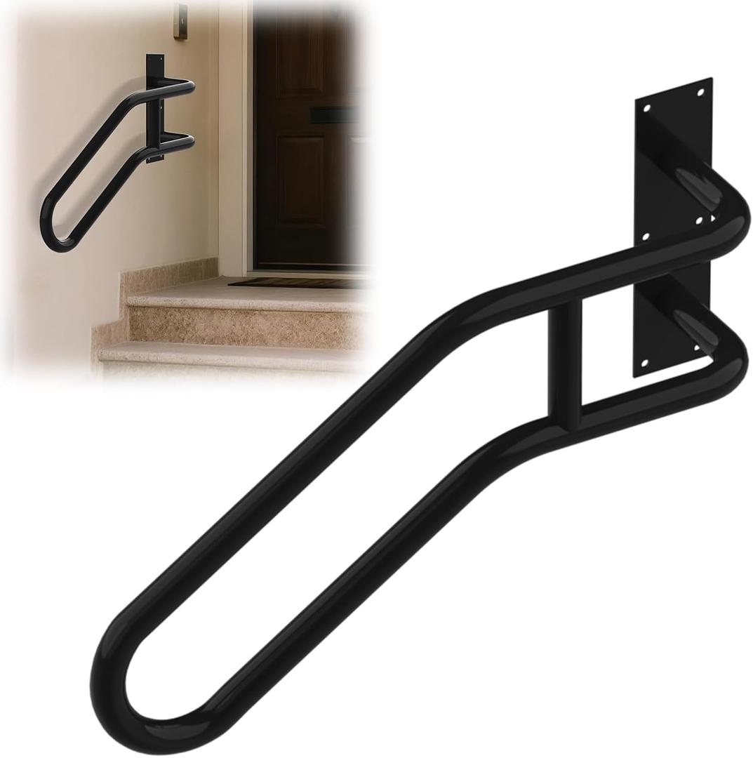 Right Side Wall Mounted handrail, Garge Door Stair Railing for 1-3 Steps(Polished Black, Right Side, 230LBs Loading)