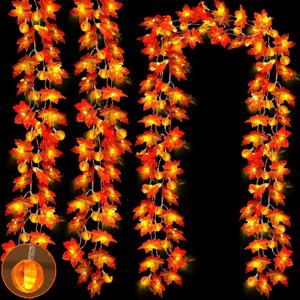 3 Pack&Timer - Thanksgiving Decorations Fall Garland with Pumpkin Lights Thanksgiving Decor for Home, 30Ft 60LED 3D Pumpkin Fall Lights Patented Enlarged Maples Leaf Battery Operated Christmas Decor
