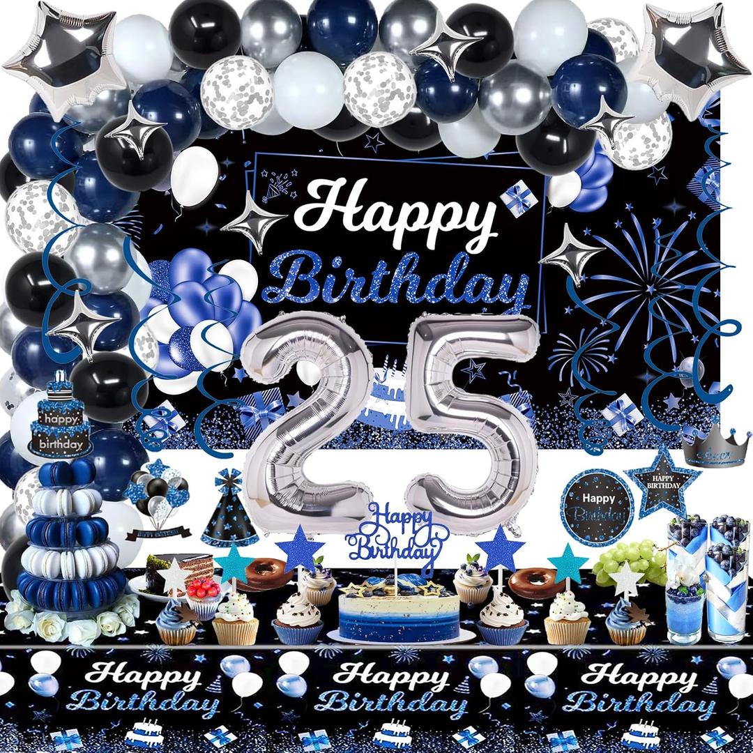 25th Birthday Decorations Set for Him, Navy Blue Silver Black; Includes Birthday Backdrop Banner, Tablecloth, 25 Number Balloons