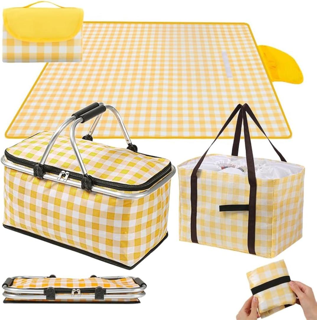 14L and 36L Picnic Basket with 7.9x7.9in Blankett for Couples, 4-6,Insulated Grocery Collapsible Cooler Bags with Handles, Camping Gear Accessories, Tailgating Essentials for Family,Summer Gift, Small