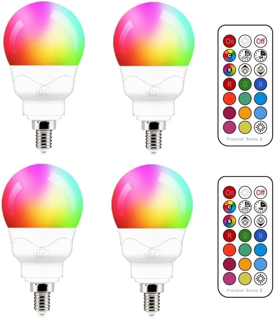 ILC E12 LED Light Bulbs (40w Equivalent) 5W, Color Changing RGB, 5700K Daylight White, Small Base Candelabra Round Light Bulb, A15 Candle Base, 12 Colors 2 Modes Timing with Remote Control (4 Pack)