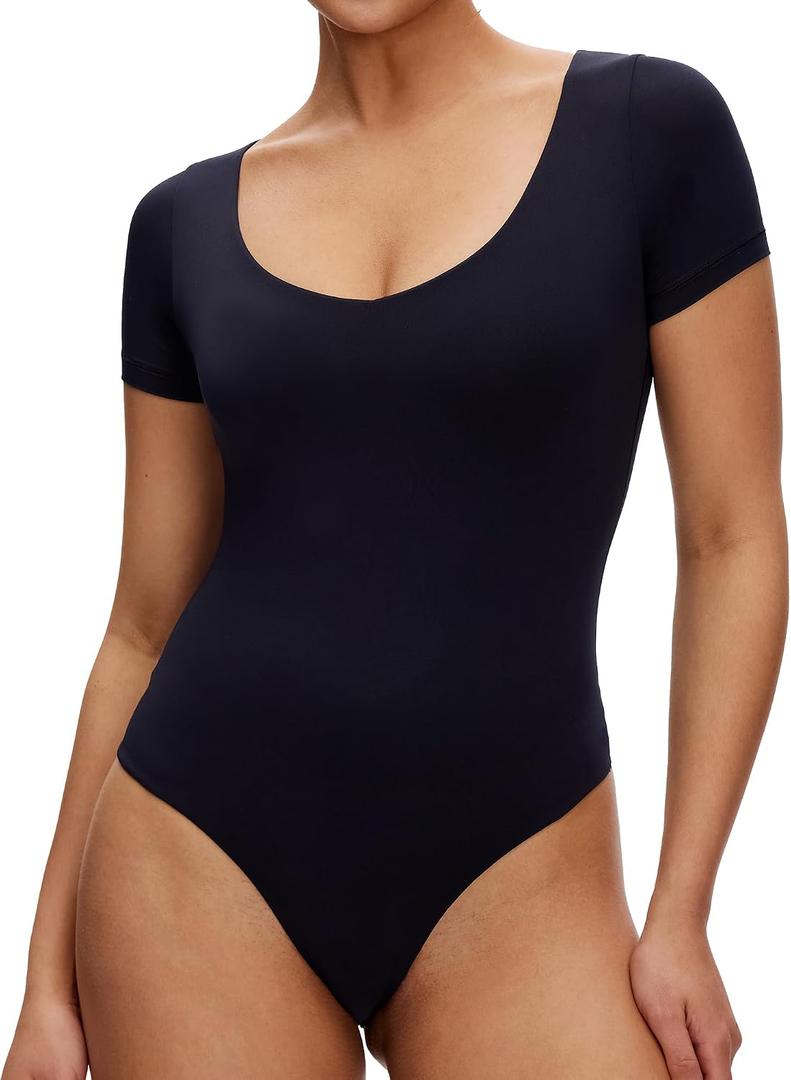 NANJI Short Sleeve Bodysuit for Women - Slim Fit Scoop Neck Body Suit, Stretch Double Lined Tops, Casual Going Out Outfits (Blue, XS)