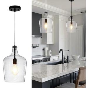 2 Pack 9.3" Glass Pendant Lighting for Kitchen Island, Black Large Pendant Light Fixture with blown Thickened Glass,1 Light Farmhouse Hanging Light for Hallway, Bedroom, Living Room Tall 14 inch