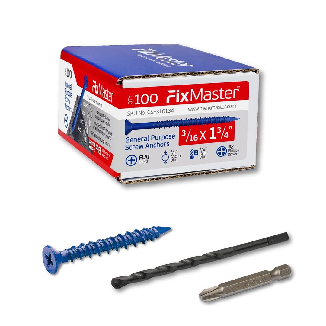3/16 x 1-3/4" Countersunk Phillips Flat Head Blue Concrete Screw Anchors (100 pcs Screw Kit) with one Screwdriver and Drill Bit for Concrete, Masonry, Block, Brick and Wood Fastening