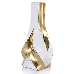 10.6" Tall Black and White Ceramic Vase Modern Elegant Home Decor for Living Room, Table Centerpiece, Desk, Office, Perfect for Pampas Grass (Black, Gold)