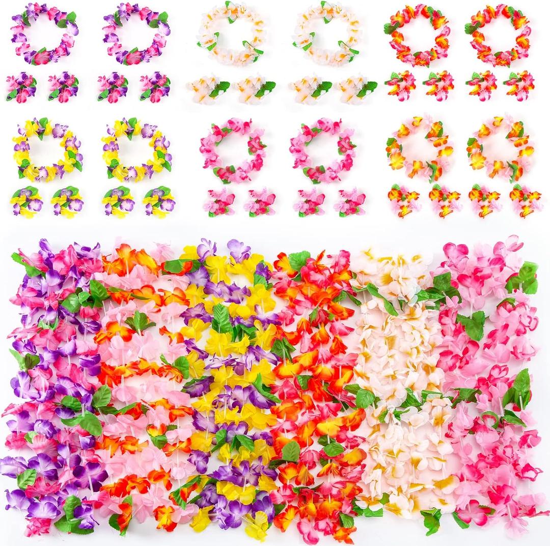 FUTUREPLUSX Hawaiian Leis, 48PCS Luau Party Decorations Including Necklace Headbands and Wristbands for Tropical Themed Party Girl Birthday Decor
