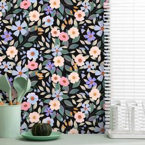 Black Floral Vintage Peel and Stick Wallpaper, Boho Colorful Renter Friendly Contact Paper for Bathroom, Kitchen, Botanical Removable Wall Decor for Cabinet, Countertop, Shelf Liner, 17.5 x 118
