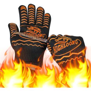 BBQ Gloves, Oven Gloves 1472 Heat Resistant Gloves for Grilling, Kitchen Gloves for BBQ, Grilling, Cooking, Baking-1 Pair (Black With O&g Silicone Strips)