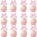 24pcs Bow Cupcake Toppers - Girls Pink Bow Cake Picks Party Decorations Coquette Themed Bowknot Ribbon Cake Topper for 1st birthday Bridal Wedding Party Christmas