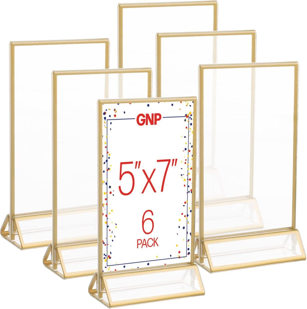 5x7 Picture Frames 6-Pack - Floating Frame Set for Table Numbers, Wedding Signs, Photos, or Table Decor by Great Northern Popcorn (Gold)