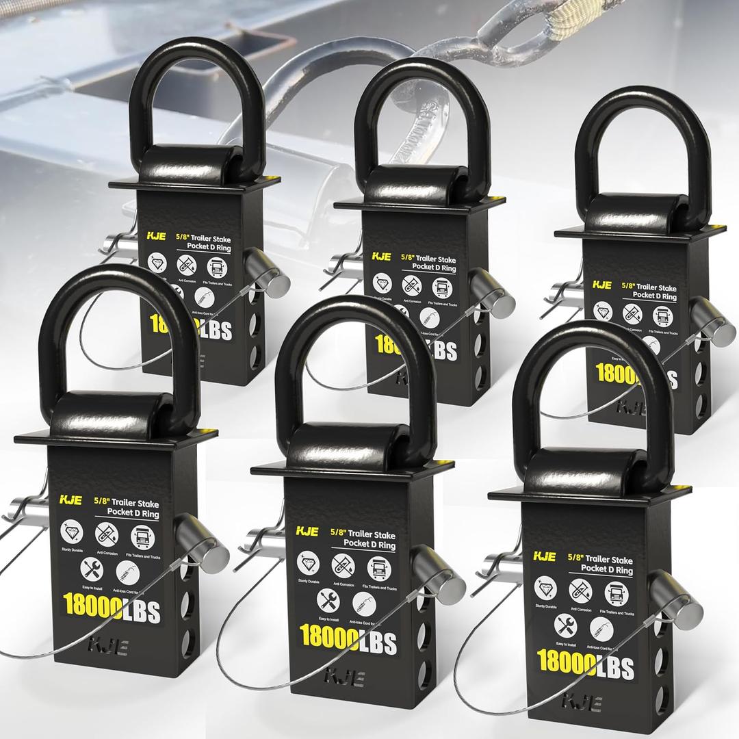 KJE 5/8" Heavy-Duty Stake Pocket D-Ring Anchors |18,000 lbs Breaking Load | Adjustable Tie-Down with Anti-Loss Cord |Reliable Tie-Downs for Flatbed Trucks & Trailers (6-Pack)