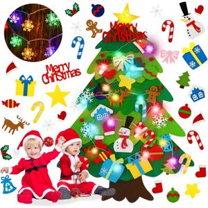 EMPOF Felt Christmas Tree for Toddlers - 3.3ft Felt DIY Tree Set for Kids Wall with Snowflake Lights + 32 Ornaments, Indoor Christmas Home Wall Hanging Decor, Kids Toddler Xmas Activities, Colorful