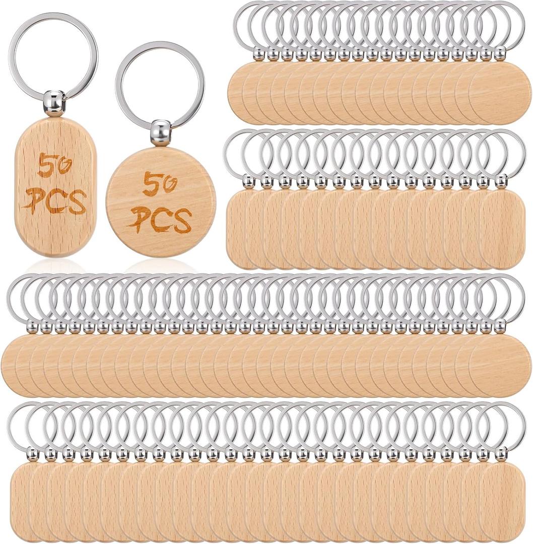 100 PCS Unfinished Wooden Keychain Blanks for Engraving, Wood Engraving Blanks Key Chain, DIY Wooden Key Ring Key Tag