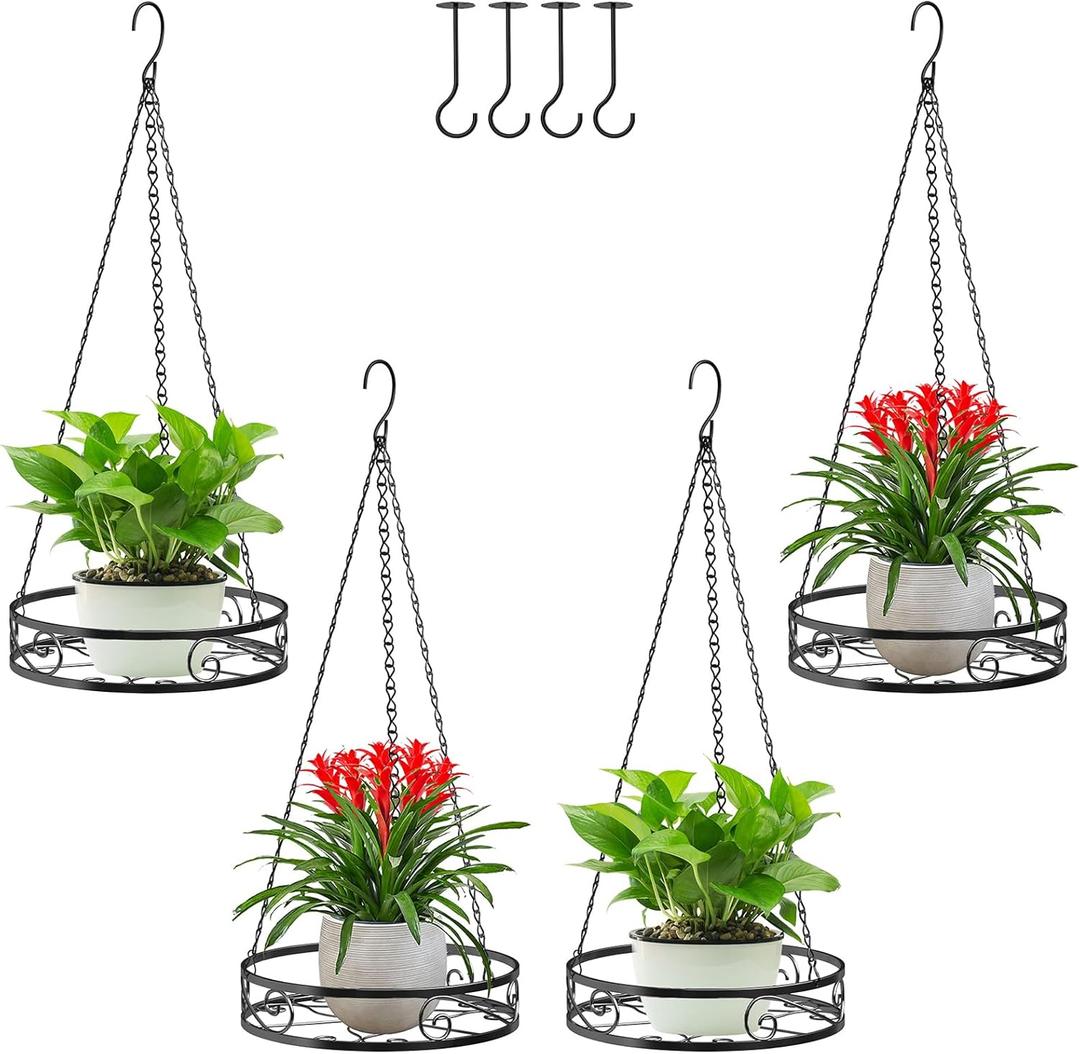 4-Pack Metal Hanging Planters for Outdoor Plants - Heavy Duty Hanging Baskets for Plants Outdoor with Chains and Long Hooks  Aesthetic Hanging Plant Holder for an Instant Indoor Gardening Decor