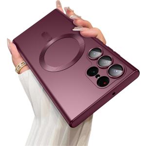 LEKEVO Magnetic for Samsung Galaxy S22 Ultra Case [Compatible with MagSafe][Built-in Camera Lens Protector] Slim Soft Silicone Bumper Shockproof Metallic Luster Phone Case (Burgundy)
