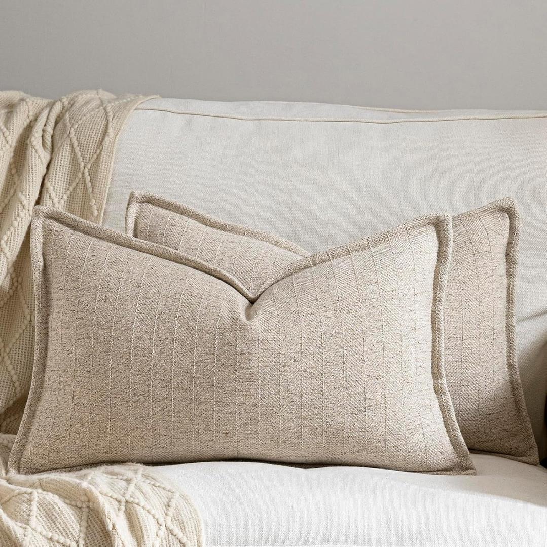 12x20 Linen Pillow Covers Natural Beige Pack of 2 Farmhouse Boho Neutral Accents Striped Textured Rectangular Lumbar Decorative Throw Pillow Cases for Living Room Couch Bed Home Decor