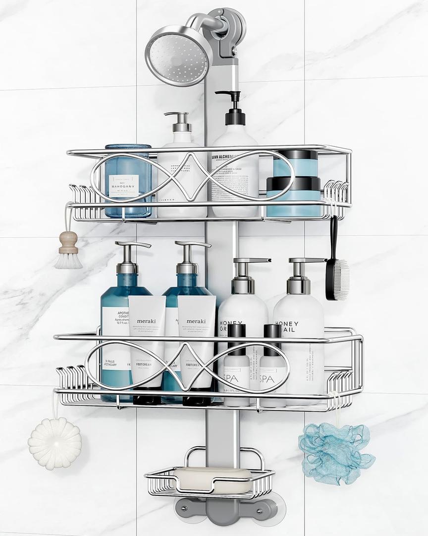 ODesign 2 Tier Stainless Steel Anodized Aluminum,Height-Adjustable Rustproof Shower Caddy Hanging Anti-Swing-Over The Shower Head Caddy-Bathroom Showe r Storage Organizer With Soap Box Holder- Sliver