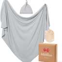 Stretchy Swaddle Blanket for Newborns with Hat & Hello World CardSoft Baby Swaddles 0-3 Months,47"x 47"Supersoft Swaddle Blanket,Receiving Blanket for Boys & Girls (Storm)